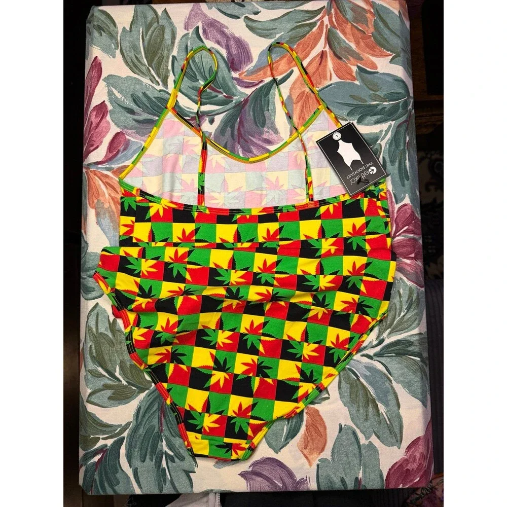 NWT Ethika Girls Vibrant Rasta Leaf Thong Bodysuit